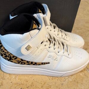 FILA White High-Top Sneakers with Leopard Print Accent size 8 worn once